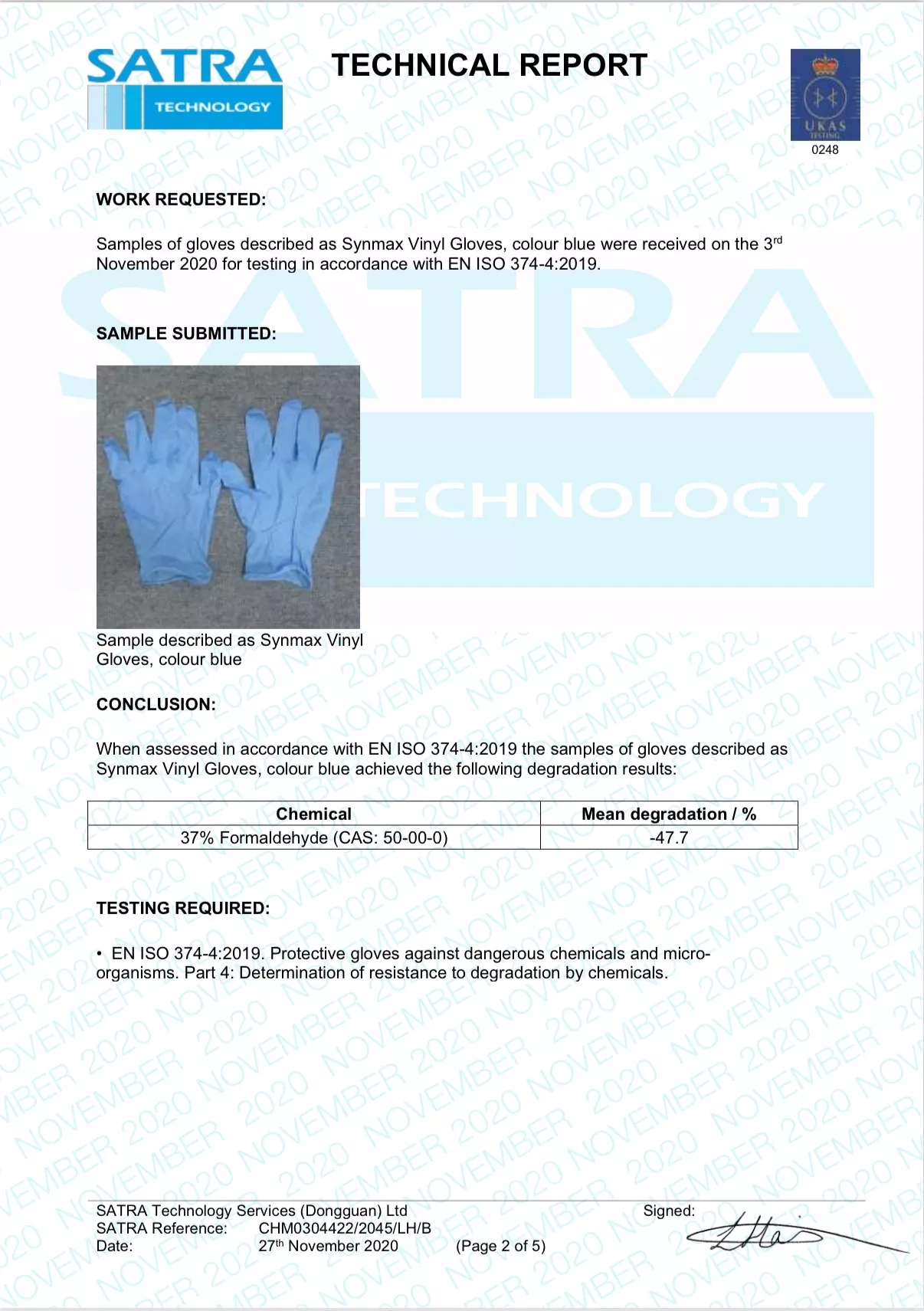 Europe Region – Synmax – Occupational Safety – Anhui Factory – EN 374-4: 37% Formaldehyde Degradation Test – Blue – Nov. 30, 2020 (1)