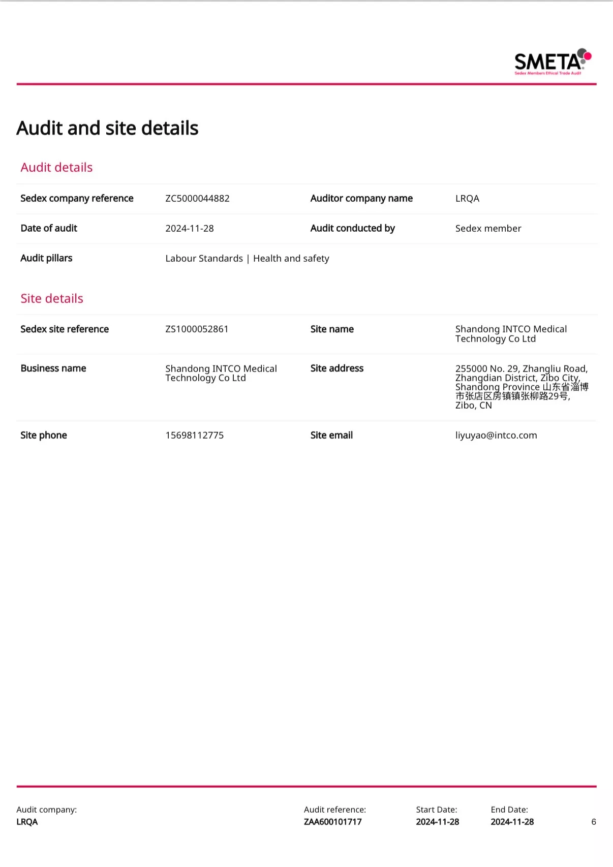 Shandong  INTCO Medical Technology Co., Ltd. Sedex Audit Report (SMETA_ZAA600101717) (1)