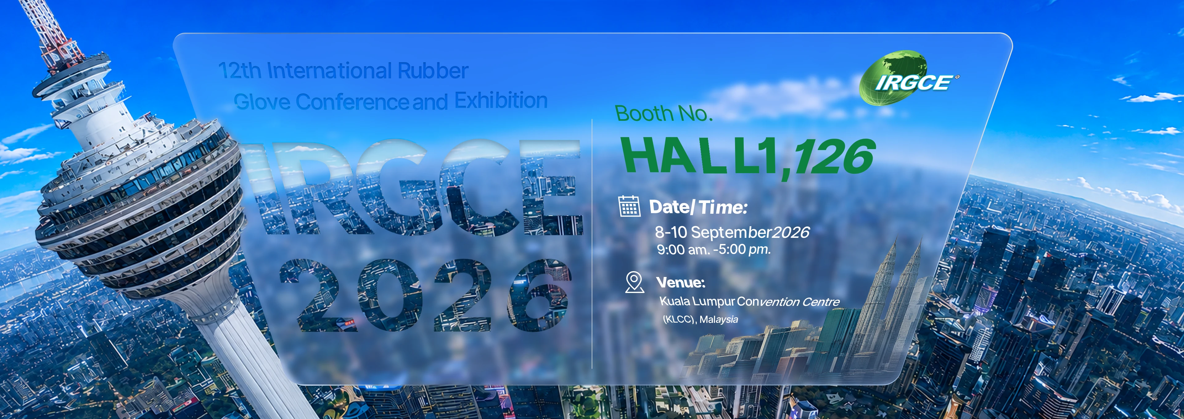 IRGCE 2026 exhibition banner showing INTCO Medical at Hall 1, Booth 126, at Kuala Lumpur Convention Centre in Malaysia from 8 to 10 September 2026.