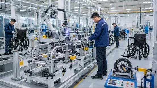Wheelchair robotic welding and factory assembly line