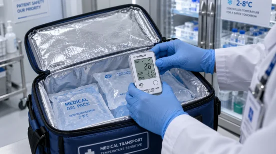 Checking temperature data logger and medical gel packs in cold chain bag