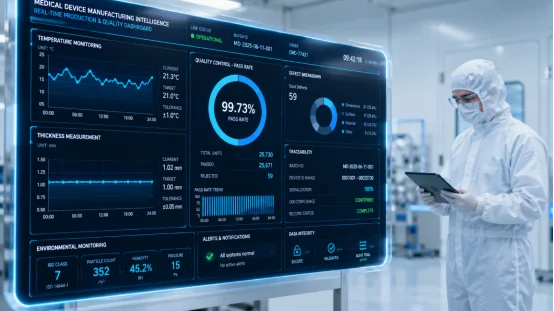 Cleanroom technician monitoring medical manufacturing data dashboard