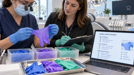 Dental team inspecting PPE glove quality with a digital checklist