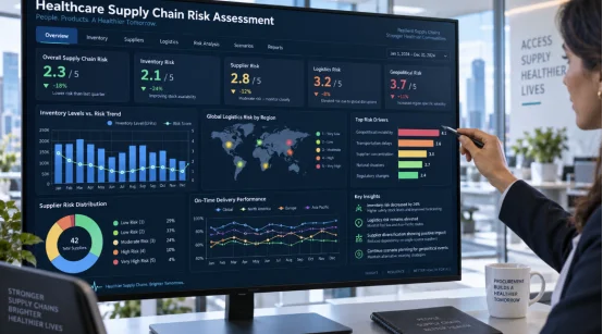 Healthcare supply chain risk assessment dashboard on screen