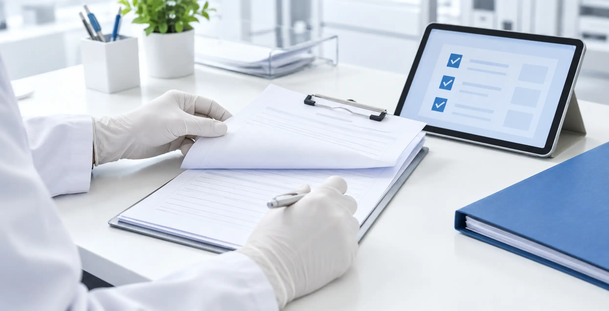 Quality assurance specialist reviewing medical device compliance documents beside a digital verification checklist.