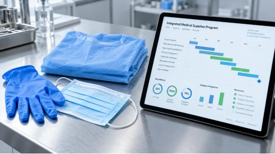 Medical supplies with project management dashboard on a tablet