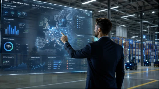 Operations manager monitoring European supply chain network dashboard