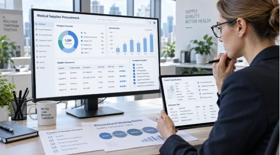 Procurement manager reviewing medical supplies data on monitor and tablet