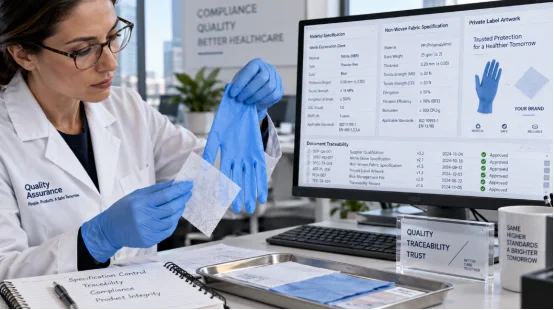 Quality assurance specialist inspecting medical glove and non-woven fabric