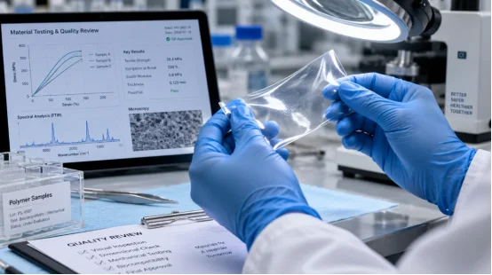 Scientist inspecting polymer film sample during medical device quality review
