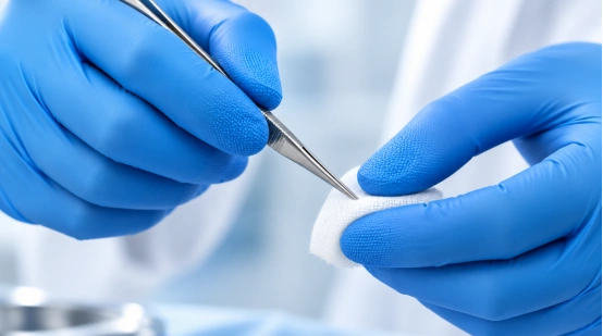 Textured blue nitrile examination gloves in clinical use